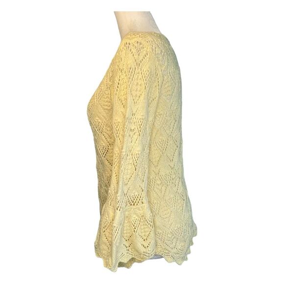 Jeanne Pierre Crochet Sweater Butter Yellow Knit Bell Sleeve Round Neck S - Picture 2 of 7